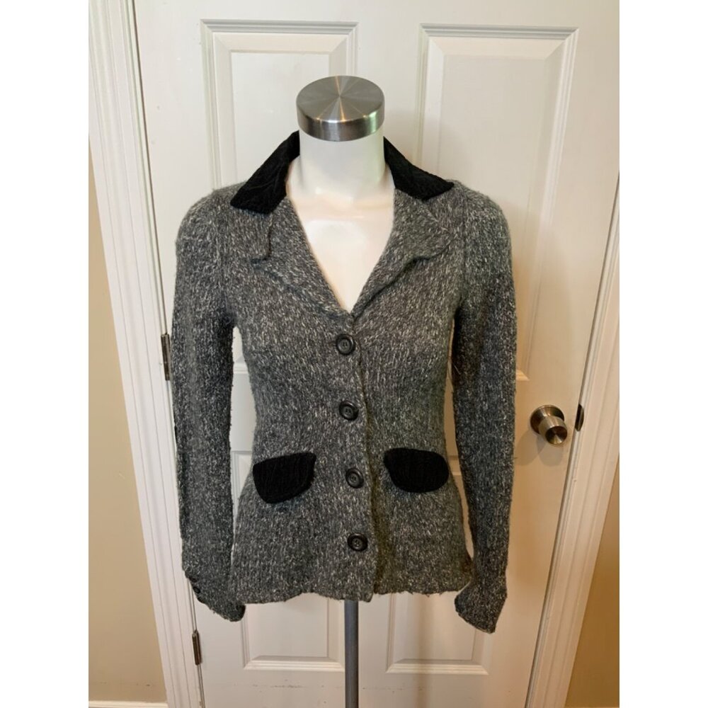 Sparrow Gray Knit Button-Up Cardigan Sweater Blazer Corduroy Trim, Size S